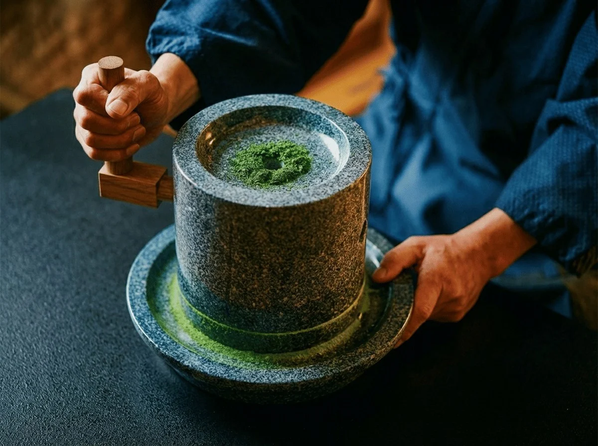 石臼で碾茶を挽く